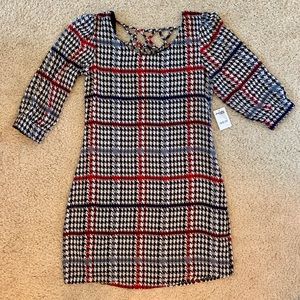 3/4 length sleeve houndstooth shift dress